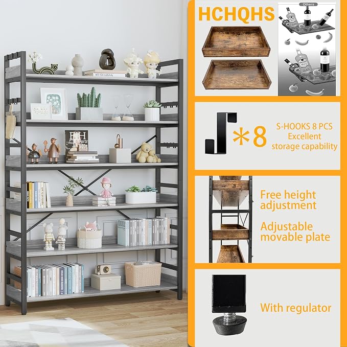 HCHQHS Bookshelf, Adjustable Industrial Bookcase, Vertical Tall Book Shelf, Wood and Black Metal Open Bookshelves for Home Office, Living Room, Bedroom (Grey, 6-Tier (47" W x 70" H))