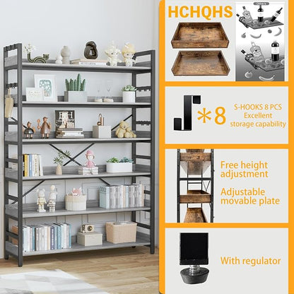 HCHQHS Bookshelf, Adjustable Industrial Bookcase, Vertical Tall Book Shelf, Wood and Black Metal Open Bookshelves for Home Office, Living Room, Bedroom (Grey, 6-Tier (47" W x 70" H))