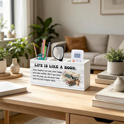 Inspirational Book Lover Gifts Pen Pencil Holder Organizer for Home Office Classroom Desk Accessories, Reader Gifts, Bookish Wood Signs for Reading Nook Corner Room Desk Tabletop Decor