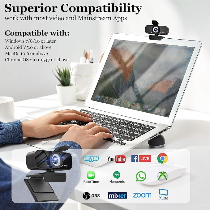 1080P Full HD Webcam with Built-in Microphone and Rotatable Tripod, Privacy Cover, for Desktop PC or Laptop Computer-Style1