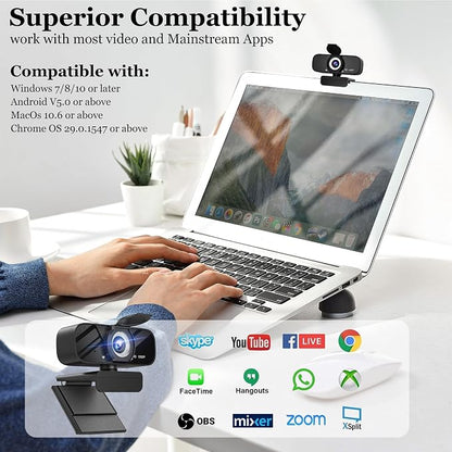 1080P Full HD Webcam with Built-in Microphone and Rotatable Tripod, Privacy Cover, for Desktop PC or Laptop Computer-Style1