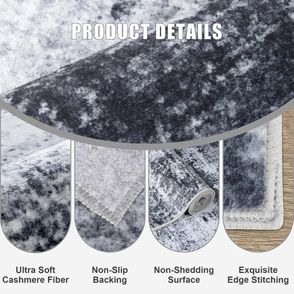 Round Area Rug for Living Room: 6 ft Washable Modern Abstract Soft Thin Rug Indoor Floor No Slip Stain Resistant Carpet for Bedroom Dining Room Farmhouse Nursery Home Office - Black