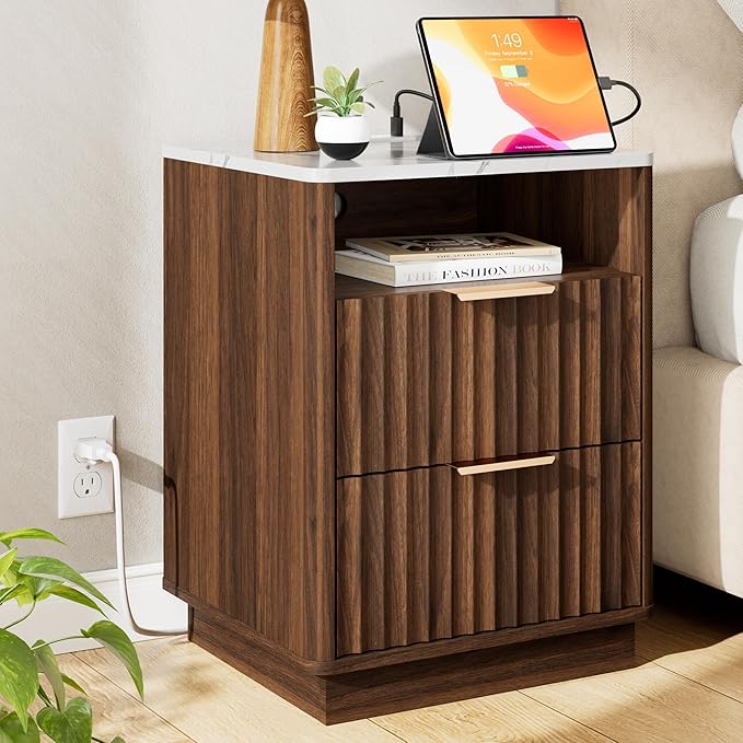 Fluted Nightstand, Walnut Night Stand, Nightstand with Faux Marble Top and Charging Station, 2 Drawers Wooden End Table w/Storage, Modern Bedside Table for Bedroom, Curved Corners
