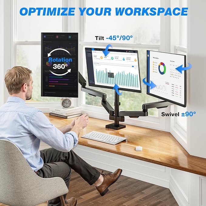 Triple Monitor Desk Mount Stand for 17"-32" Screens, Extra Tall & Long Desk Mount Hold up to 19.8lbs Each, Three Display Arm for Working Gaming with Tilt Swivel Rotation, VESA 75/100mm