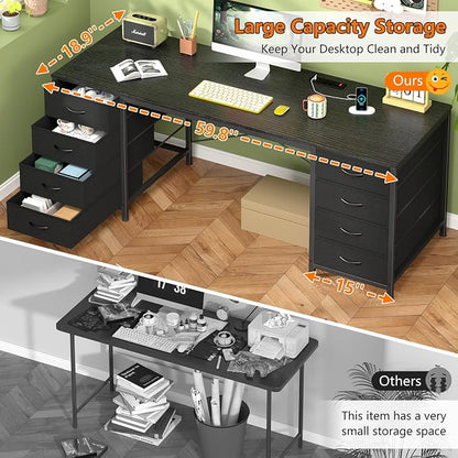 YOMILUVE 60 Inch Computer Desk with 8 Drawers, Home Office Desk with Power Outlets, Work Study Gaming Desk with 8 Fabric Drawers, Black