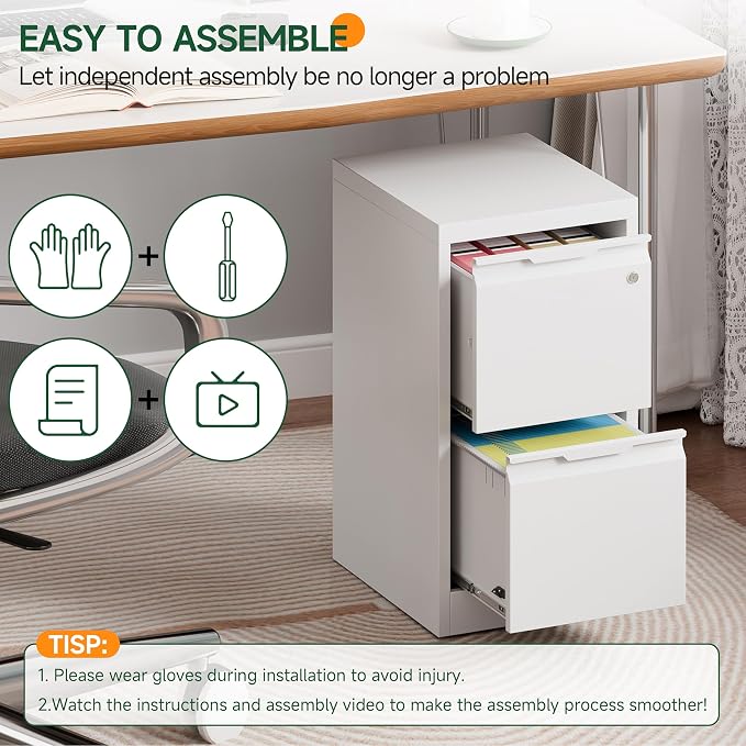 2 Drawer File Cabinet with Lock, Filing Cabinets for Home Office | Small File Cabinet Under Desk, Lockable File Cabinet, Metal File Cabinet for Letter/Legal/A4/F4 Size, Assemble Required