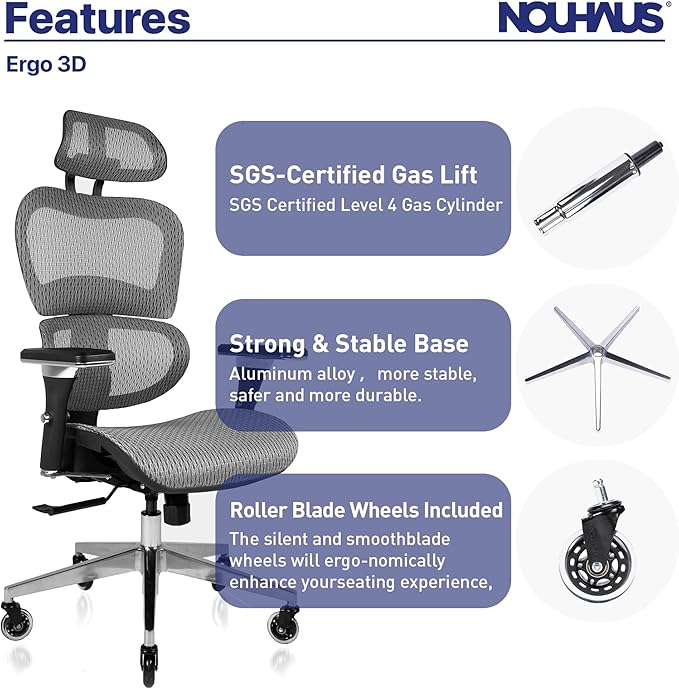 Nouhaus Ergo3D Ergonomic Office Chair Grey | Dynamic Lumbar Support, Mesh High Back, 4D Armrests, Adjustable Headrest, Aluminum Base, BIFMA, SGS, 2 Sets of Wheels