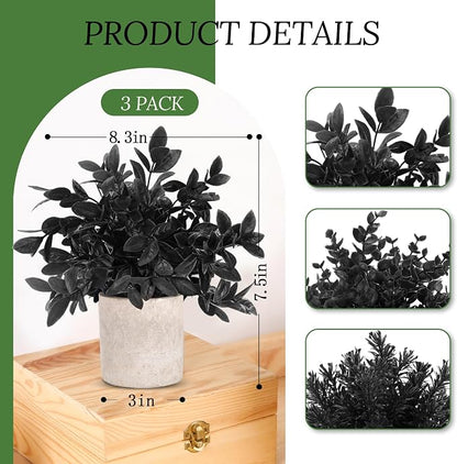 Der Rose 3 Pack Black Fake Plants Artificial Plants Plastic Eucalyptus for Bathroom Home Office Desk Farmhouse Room Table Black Christmas Decorations Gothic Decor Indoor