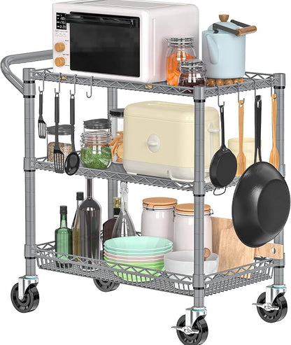 Folews Heavy Duty Rolling Cart with Wheels, 990LBS 3-Tier Metal Utility Cart, NSF Rolling Storage Organizer Adjustable Shelves & Basket, Lockable Casters, Commercial Storage Trolley, Gray