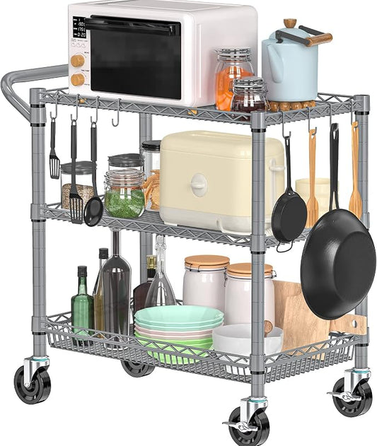 Folews Heavy Duty Rolling Cart with Wheels, 990LBS 3-Tier Metal Utility Cart, NSF Rolling Storage Organizer Adjustable Shelves & Basket, Lockable Casters, Commercial Storage Trolley, Gray