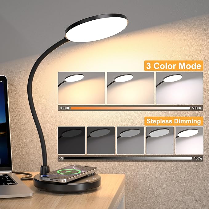 Desk Lamp for Home Office, Small Desk Lamp with Wireless Charger, Dimmable 3 Color Modes Study Lamp, Adjustable Neck 800LM Eye-Caring Desk Light, Bedside, College Dorm, Adapter Included