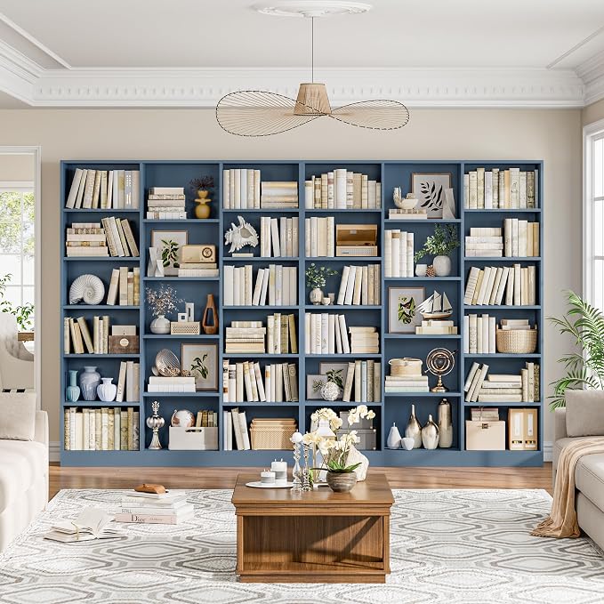 FACBOTALL Triple Wide Bookshelf, 6 Tier Large Bookshelf, Bookcase with 17 Open Display Shelves, 74'' Tall Bookcases and Bookshelves for Living Room, Home Office, Library, Blue
