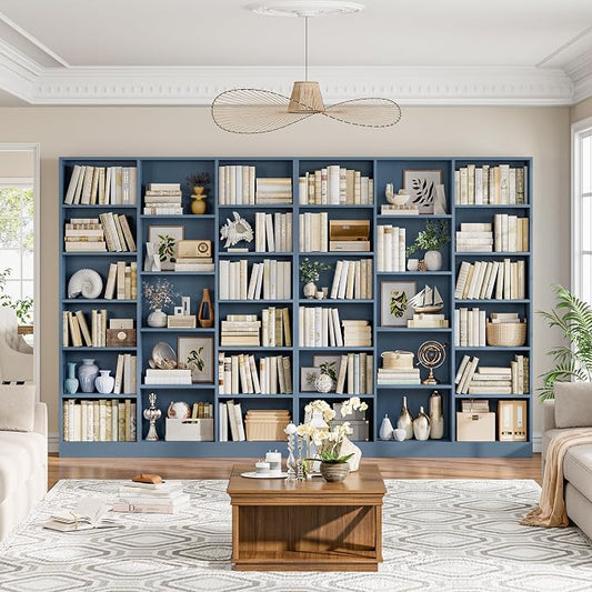 FACBOTALL Triple Wide Bookshelf, 6 Tier Large Bookshelf, Bookcase with 17 Open Display Shelves, 74'' Tall Bookcases and Bookshelves for Living Room, Home Office, Library, Blue