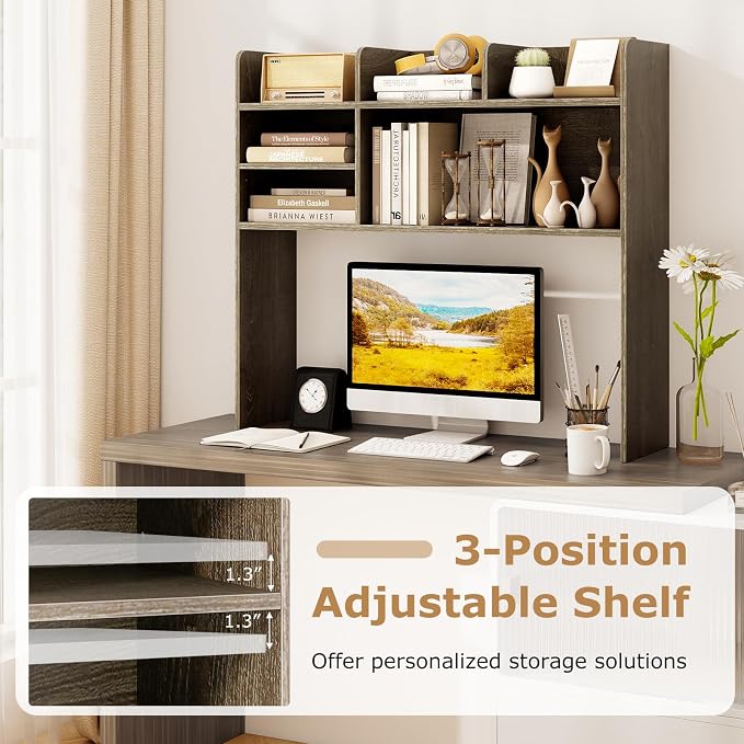 GOFLAME 6 Shelves Desktop Bookshelf, 37” Desk Hutch Dorm for Computer Monitor Up to 32”, 3-Tier Countertop Display Rack, Wood Desk Storage Organizer Shelf for Home Office, Study, Gray