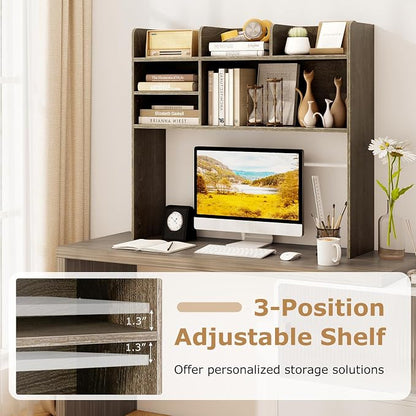 GOFLAME 6 Shelves Desktop Bookshelf, 37” Desk Hutch Dorm for Computer Monitor Up to 32”, 3-Tier Countertop Display Rack, Wood Desk Storage Organizer Shelf for Home Office, Study, Gray