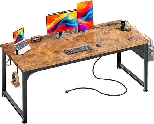 DurayLoly 47 x 24 inch Desk, 24mm Thick Heavy Duty Computer Desk with RGB LED & Power Outlets, Detachable Stand, Hooks & Storage Bag, 110LBS Capacity, Home Office Gaming Desk, Brown