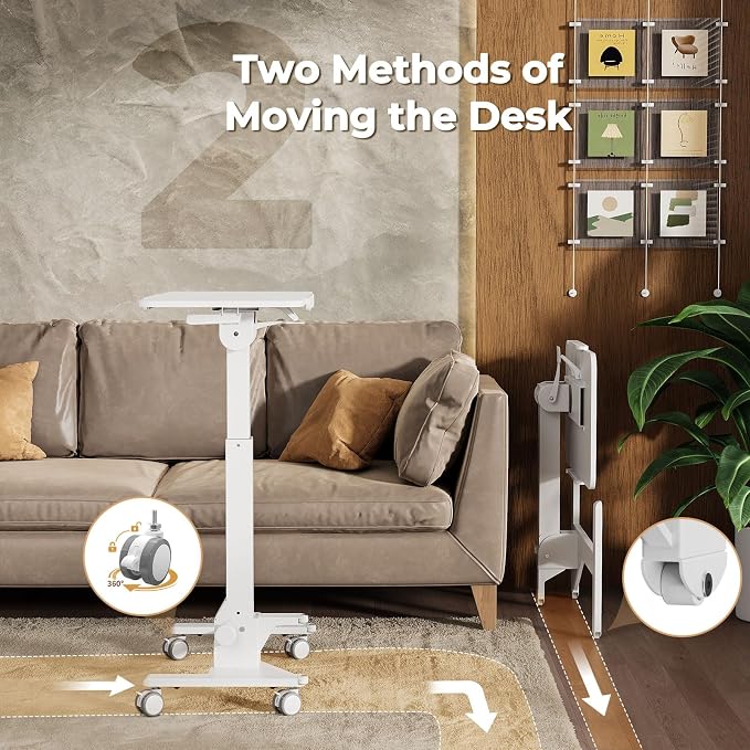 JOY worker Foldable Mobile Standing Desk, 180° Tiltable Overbed Bedside Table with 4 Lockable Wheels, 31.5" Height Adjustable Rolling Laptop Desk for Home & Hospital Use, Easy Storage, White