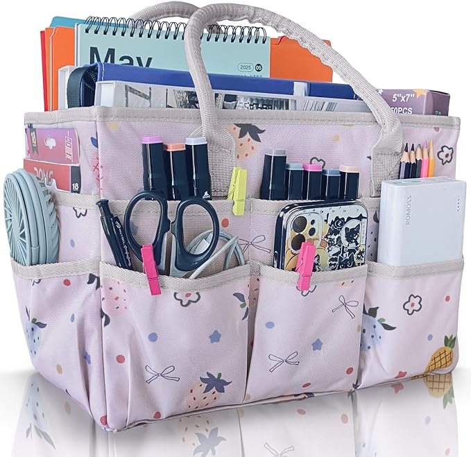 Cupohus Art Organizer Craft Storage Tote Bag with Pockets and Handles, Oxford Fabric Carrying Caddy for Teacher, Officer, Artist, Traveler, and More-Pink Fruit