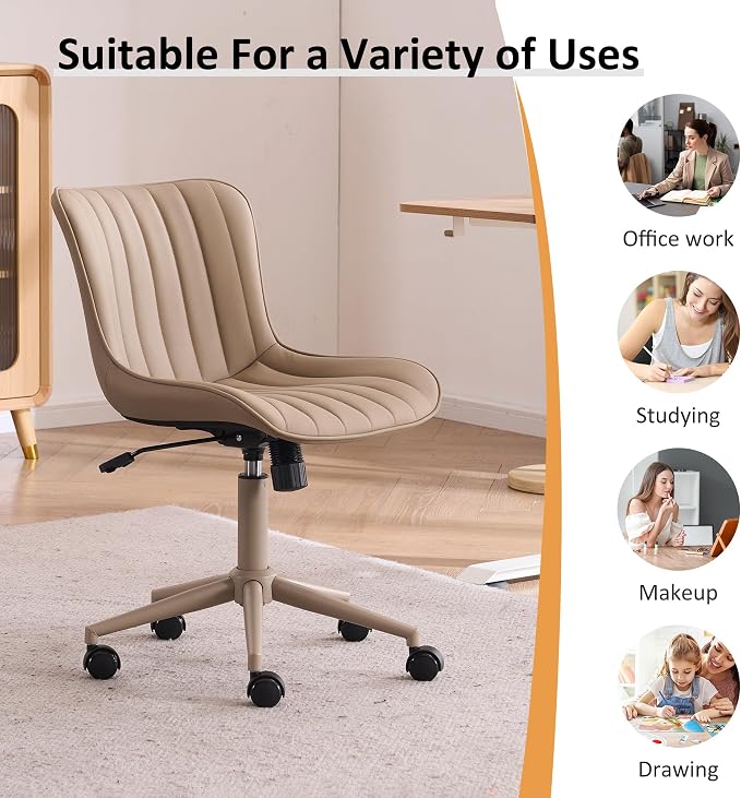 YOUNIKE Home Office Desk Chair with Wheels Armless Vanity Chair with Back Comfy Modern Leather Upholstered Rolling Task Chair Swivel Small Cute Sewing Chair No Arms Wide Adjustable Ergonomic All Khaki
