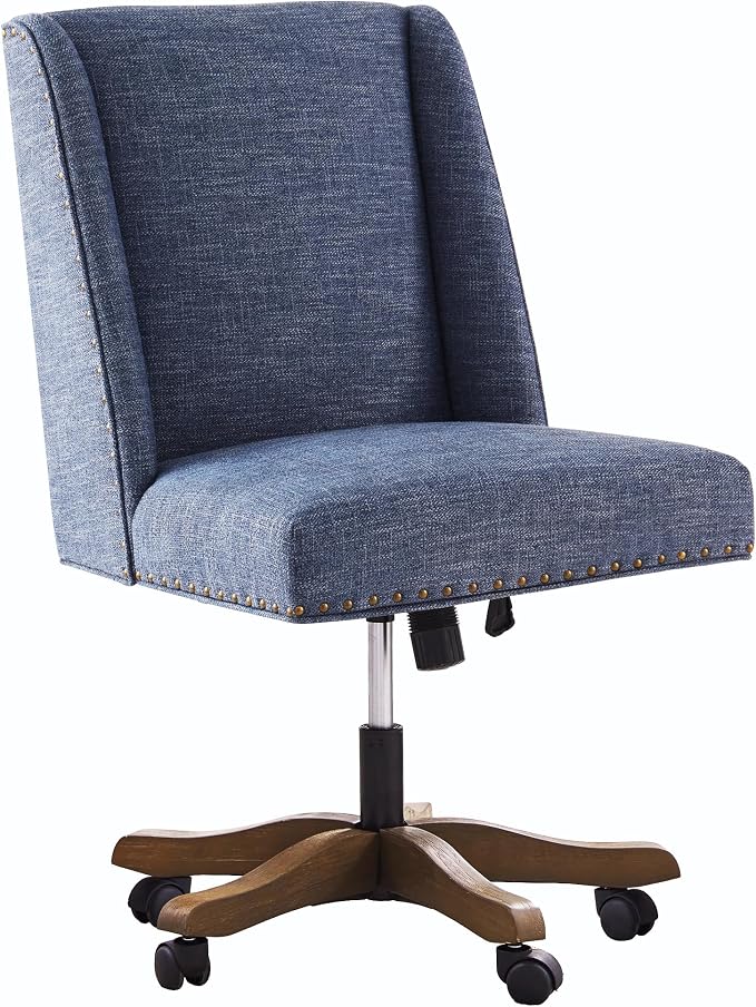 Zihanhome Armless Home Office Chair with Wooden Legs, Modern Adjustable Upholstered Office Desk Chair No Arms Computer Chair Swivel Chair for Home Office Study Studio (Blue)