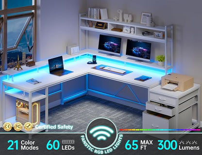 EnHomee 104''L Shaped Desk with 4 Layouts,Outlet for Two Person Home Office | 4 Layout Sizes 64''–104'', Multi-Room Compatibility, 4 AC+2 USB Outlet, Multi-Monitor Stand, Simultaneous Work and Charging