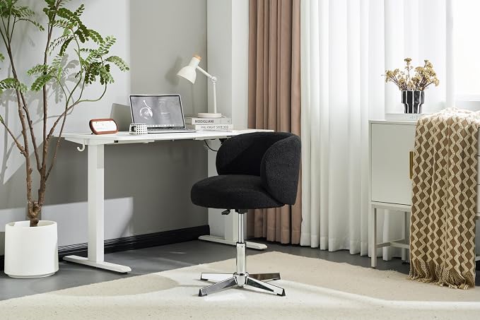 VINGLI Cute Small Swivel Desk Chair Comfy no Wheels,Ergonomic Low-Back Lumbar Support Vanity Nail Tech Computer Task Stool Chair for Home Office,Height Adjustable,Teddy Fleece,Black