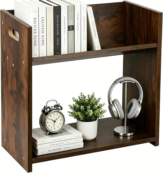 Desktop Bookshelf, 2 Tier Desk Shelf Organizer, Wood Office Tabletop Bookcase, Small Tabletop Book Rack, Portable Mini Bookcase for Book Display, Office, Home, Bedroom, Storage and Display