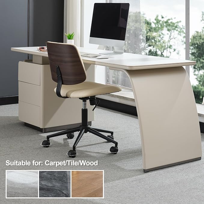 Home Office Desk Chair with Wheels,Modern Walnut Small Desk Chair,Armless Mid Back 360 Swivel Computer Chair,Adjustable Height No Arms PU Leather Chair for Office,Reading,Meeting Room (Beige)