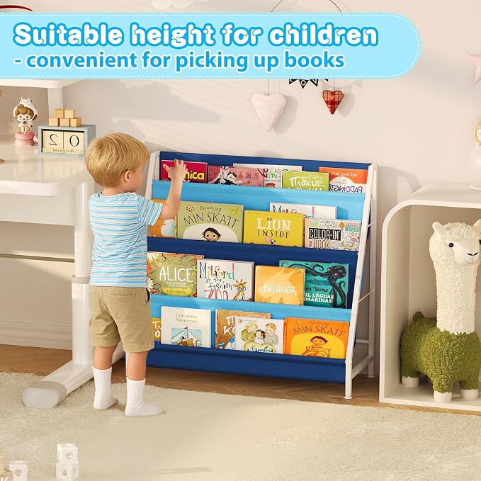 Aokitsink Kid Bookshelf for Kids Rooms, 4-Tier Blue Montessori Bookshelf,Toddler Children Bookshelf,Metal Kid's Book Storage Organizer for Boys Room Furniture Playroom Kindergarten