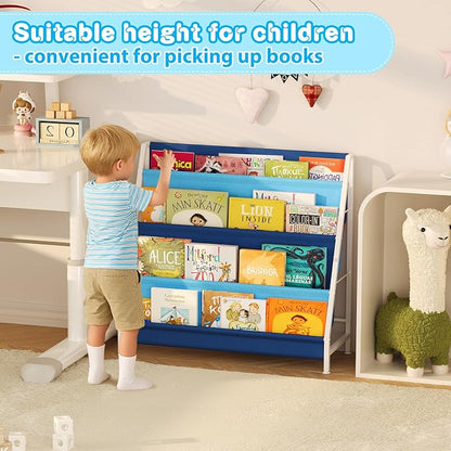 Aokitsink Kid Bookshelf for Kids Rooms, 4-Tier Blue Montessori Bookshelf,Toddler Children Bookshelf,Metal Kid's Book Storage Organizer for Boys Room Furniture Playroom Kindergarten