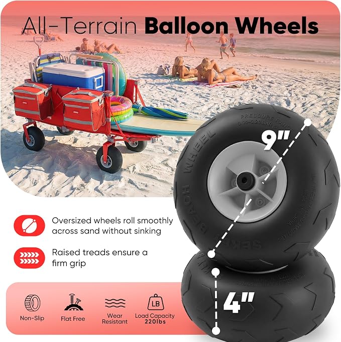 Sekey Heavy Duty Beach Wagon with 9" Big Sand-Proof Wheels, 300L Oversized Foldable Beach Cart with Cooler| Adjustable Handle & Balloon Tires for Sand, Camping,Vacation