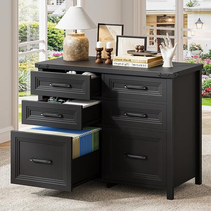 Halitaa 6 Drawer File Cabinets,Farmhouse Lateral Filing Cabinet Fits Letter and A4 Size, Wooden File Cabinet for Home Office, Printer Stand,Black