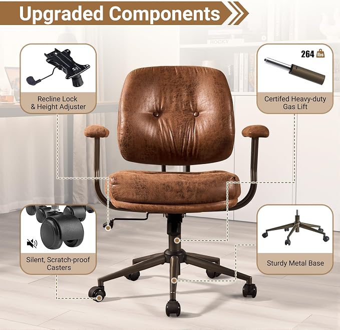 Ergonomic Home Office Chair, Mid-Century Faux Leather Home Office Desk Chairs with Wheels, Office Computer Chair with Rocking Swivel (Dark Brown,Suede)