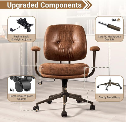 Ergonomic Home Office Chair, Mid-Century Faux Leather Home Office Desk Chairs with Wheels, Office Computer Chair with Rocking Swivel (Dark Brown,Suede)