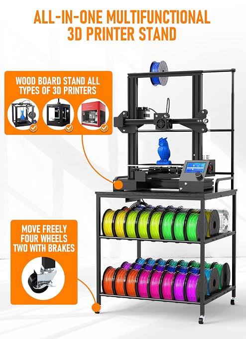 Baoz 3D Printer Stand with Filament Storage, 3-Tier Rolling 3D Printer Desk with Wheels, Built-in Power Strip, Heavy Duty Stand Table for PLA/ABS/PETG/TPU, Printer Cart for Studio, Office, Workshop
