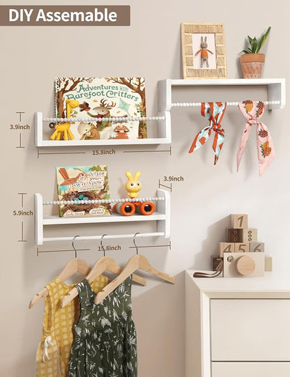 Maxpeuvon Nursery Bookshelves Set of 3, Natural Wood Nursery Floating Shelves Wall Mount Storage Shelf with Towel Bar Hainging Bookshelf for Kids Room Bedroom Living Room Decor, White