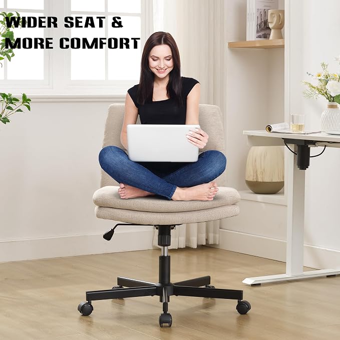 Okeysen Criss Cross Chair with Wheels, Armless Wide Seat Cross Legged Comfy Office Desk Chair, Height Adjustable Swivel Computer Task Chairs for Home, Office, Vanity, Beige