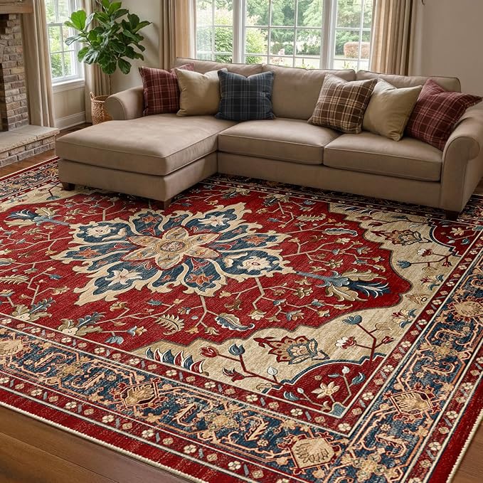 RELEANY Area Rugs 8'x10' Washable Non-Slip, Floral Vintage Distress Medallion Carpet for Living Room Bedroom Dining Room, Red Blue