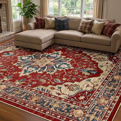 RELEANY Area Rugs 8'x10' Washable Non-Slip, Floral Vintage Distress Medallion Carpet for Living Room Bedroom Dining Room, Red Blue