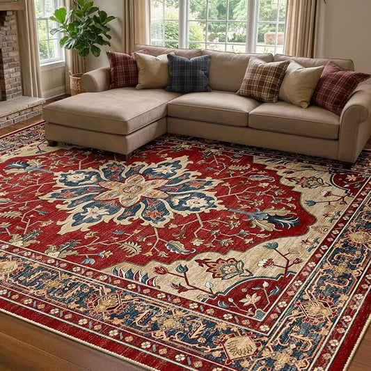 RELEANY Area Rugs 8'x10' Washable Non-Slip, Floral Vintage Distress Medallion Carpet for Living Room Bedroom Dining Room, Red Blue