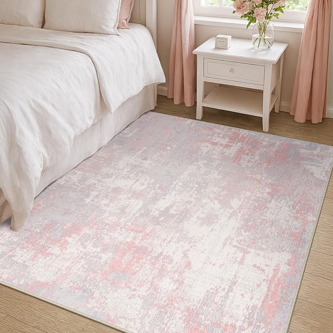 RELEANY Washable Area Rugs 4'x6' Non-Slip Modern Abstract Soft for Living Room Entryway Bedroom Kitchen, Print Pattern, Grey Pink