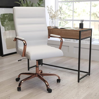 Merrick Lane Milano Contemporary High-Back White Faux Leather Home Office Chair with Padded Rose Gold Arms