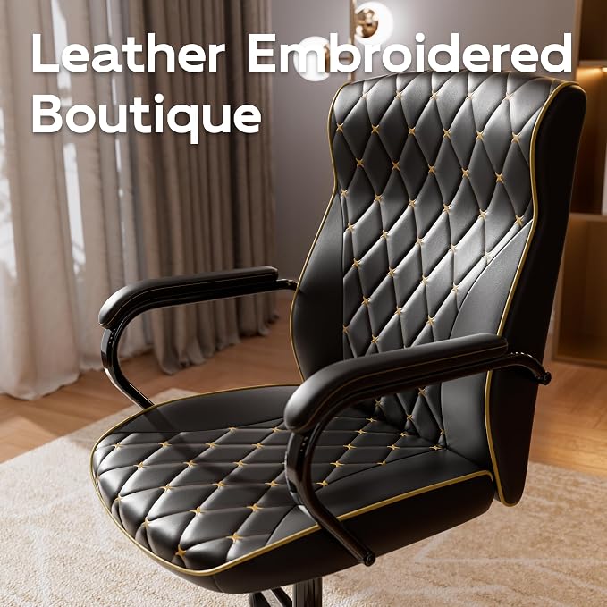 HomeZeer Black Office Chair, Luxury Leather Executive Desk Chair | Elegant Timeless Appeal, Vintage Mid Back Styling with Wheels and Padded Arms, Thick High Density Foam Comfort