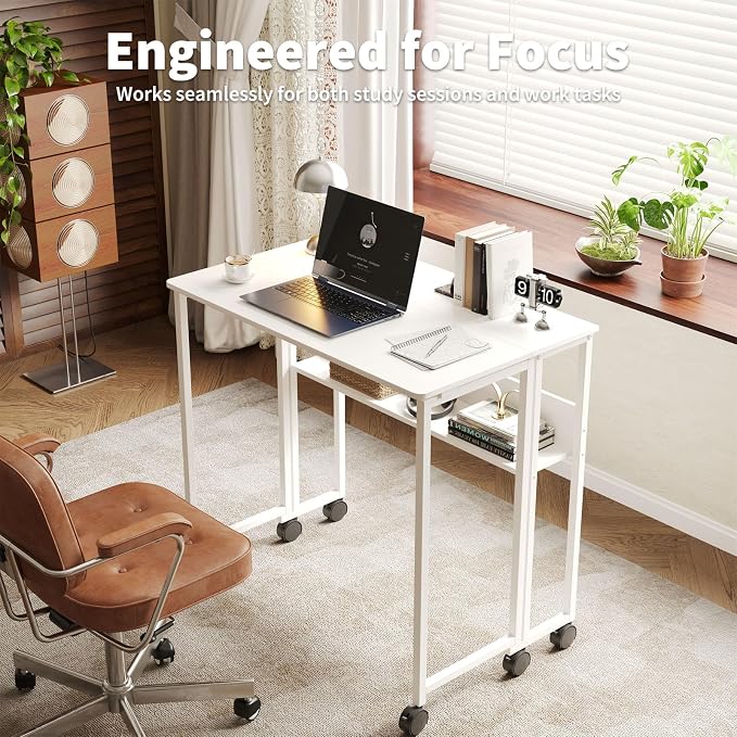 24.8" Folding Rolling Desk with Storage Shelf, Small Foldable Computer Table on Wheels for Home Office & Small Spaces, Portable Workstation with Brakes, White