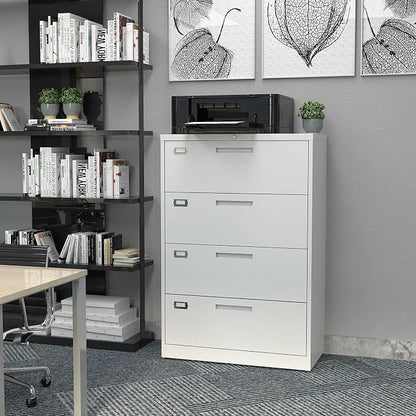 BYNSOE 4 Drawer File Cabinet with Lock Metal Lateral File Storage Cabinet Office Home Steel Lateral File Cabinet for A4 Legal/Letter Size Wide File Cabinet Locked,Assembly Required (4 Drawer, White)