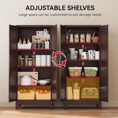 COFaR 61" Metal Storage Cabinet with Doors and Adjustable Shelves, Tall Pantry Cabinet Freestanding Kitchen Pantry Storage Cabinet, Steel Cupboard for Bathroom, Living Room & Office, Reddish Brown