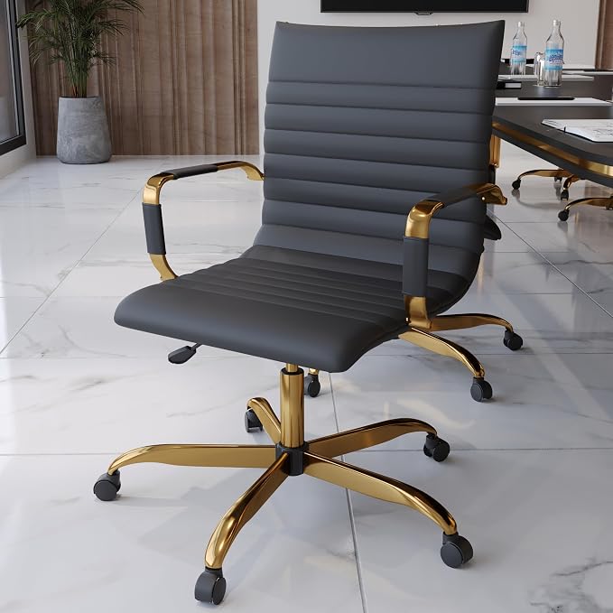 LeisureMod Harris Modern Ergonomic Executive Office Chair, High-Back Leather Conference Desk Chair with Adjustable Height, Tilt Control, 360° Swivel & Gold Frame for Home Office