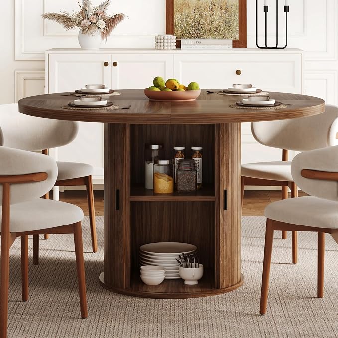 47 inch Round Dining Table for 4-6, Dinner Table with 2-Layer Storage Shelf, Morden Circle Kitchen Table with Wooden Strip Base and Wood Slide Door for Home Dining Room, Living Room, Walnut