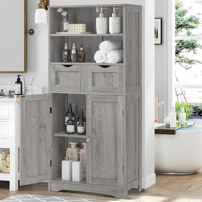 Iwell Storage Cabinet with 2 Drawers & Adjustable Shelf, Tall Bathroom Cabinet with Doors, Cupboard, Kitchen Cabinets for Living Room, Dining Room, Entryway, Grey