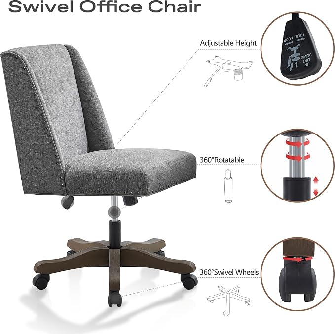 Zihanhome Upholstered Armless Home Office Chair with Wooden Legs, Modern Office Desk Chair No Arms Sewing Chair Adjustable Swivel Desk Chair for Farmhouse Office Study Studio (Dark Gray)